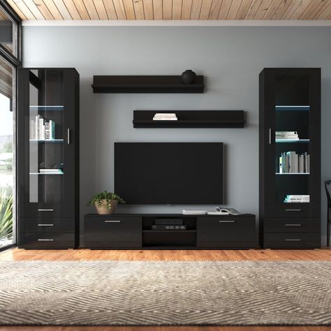 Orren Ellis Sabala Entertainment Center for TVs up to 85" & Reviews | Wayfair Wall Entertainment Center, Modern Tv Room, Entertainment Center Wall Unit, Modern Wall Units, Modern Tv Wall Units, Tv Unit Furniture, Tv Unit Interior Design, Modern Entertainment Center, Modern Tv Wall