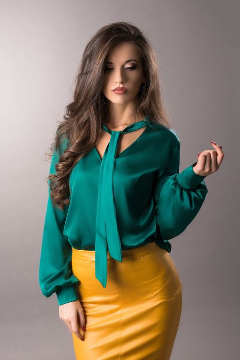 Green Satin Blouse Outfit, Emerald Green Shirt, Green Shirt Outfits, Hogwarts Dr, Office Blouse, Modern Pinup, Cashmere Poncho, Wrap Shirt, The Office Shirts