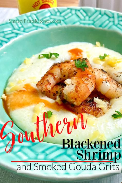 Shrimp and grits in bowl Shrimp And Smoked Gouda Grits Recipe, Shrimp And Grits With Gouda Cheese, Shrimp And Gouda Cheese Grits Recipe, Smoked Gouda Cheese Grits, Gouda Shrimp And Grits, Shrimp And Gouda Grits Recipe, Blackened Shrimp And Grits, Shrimp And Grits Recipe Easy, Gouda Cheese Grits