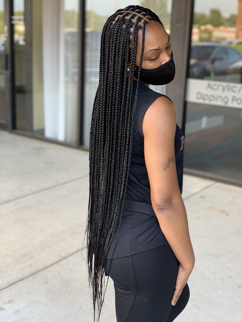 Knotless braids! done by handz4strandz. #handz4strandz #knotlessbraids #braids #atlanta #conyersga #protectivestyles #knotless Small Vs Medium Knotless Braids, 58 Inch Knotless Braids, Scanty Knotless Braids, Knotelles Braids, Knotless Braids Straight Ends, Bum Length Knotless Braids, Jet Black Knotless Braids, Notlessbox Braids Styles Long, Knotless Box Braids Black