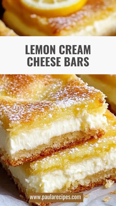 Sweet, tangy, and utterly irresistible! Zesty Lemon Cream Cheese Bars are the perfect way to satisfy your sweet tooth with a citrusy kick! 🍋😍 #CitrusCravings #LemonCreaminess #TartPerfection #BakedWithLove #RefreshingDesserts #DessertInspo #LemonDelights #TreatYourself #ZestyBites #BakingWithJoy 🍴 Pamela’s Lemon Cream Cheese Bars, Tangy Lemon Bars, Lemon Cheesecake Crescent Rolls Desserts, Easy Lemon Cheesecake Bars, Puff Pastry Lemon Dessert, Crescent Cheesecake Bars, Lemon Bar Cookies Recipes, Cookie Cream Cheese Bars, Quick Easy Cream Cheese Dessert