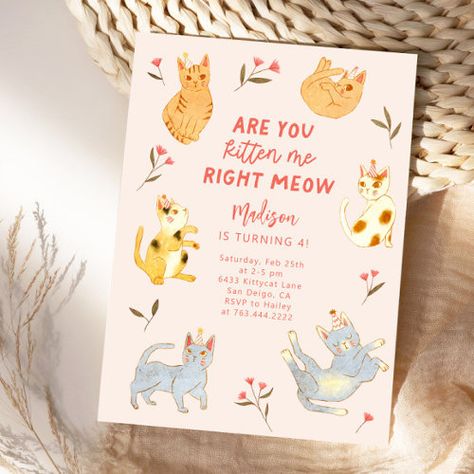 $2.8 | Are You Kitten Me Cat Birthday - cat birthday party, are you kitten me, right meow, kids birthday party, cartoon, cute kitty, girl birthday party, pink, floral, fun Cat Birthday Invitations, Kitten Birthday Party, Cat Themed Parties, Cat Themed Birthday Party, Pink Boy, Kitten Party, Birthday Cat, Kitten Birthday, Party Cartoon