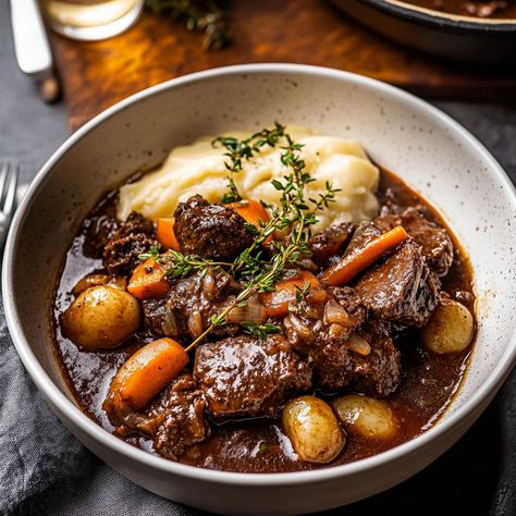 Discover the rich flavors of Beef Bourguignon, a classic French stew perfect for cozy dinners. Tender beef simmered to perfection! Beef Bourguignon Nytimes, Vegetarian Beef Bourguignon, Short Rib Beef Bourguignon, Classic Beef Bourguignon, Beef Burgionion Julia Child, Beef Bourguignon Dinner Party, Bourginon Beef Bourguignon, Beouf Bourginon Julia Child, La Cruset Recipes