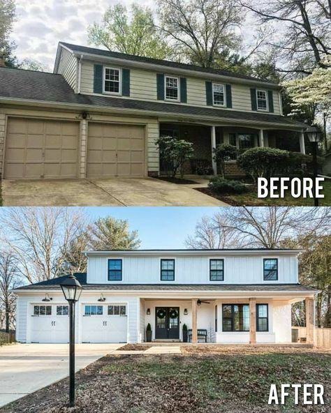 10.9k Likes, 94 Comments - Before&After Design (@beforeafter.design) on Instagram: “SWIPE ➡️ By: @timryankane Please comment and tag somebody who would like to see this…” Colonial Exterior Remodel, Before After Design, Colonial Remodel, 1980s House, Colonial House Exteriors, Exterior House Renovation, Architecture Renovation, 70s House, House Makeovers