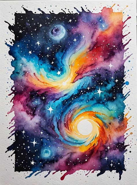 I am making a whole large series of cute Galaxy Watercolor Animals, & a cute Galaxy Watercolor Café treats, and fantastical galaxies. A fun mix of rainbow, galaxy, neon colors. Fun on glitter & holographic paper, too! Once I get them all uploaded, my style & color choices looks great to mix & match & tile a few to many pieces together. Water Colour Galaxy, Neon Watercolor Painting, Painting A Galaxy, Greeting Card Painting, Galaxy Art Painting, Galaxy Watercolor, Colorful Galaxy, Painted Cards, Holographic Paper