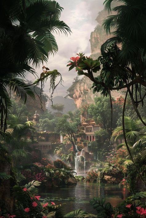 Tropical Fantasy Aesthetic, Rainforest City Fantasy Art, Fantasy Jungle Aesthetic, Fantasy Tropical City, Dystopian House, Fantasy Tropical Island, Earth Kingdom Aesthetic, Tropical Castle, Jungle Library