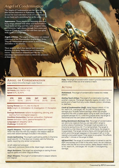 Angel of Condemnation. MtG to D&D5e homebrew conversion. If you like my content, pls support me at: https://www.patreon.com/rpgconversions D&d Gods, Dnd Angel, 5e Monsters, Homebrew Monsters, Dnd Monster, Dnd Stats, Content Video, Dnd Races, Dungeon Master's Guide