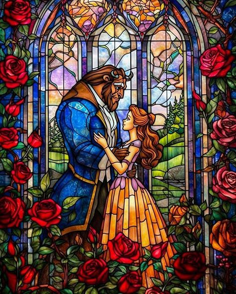 Beauty And The Beast Aesthetic, Beauty And The Beast Art, Disney Stained Glass, The Beauty And The Beast, Belle And Beast, Disney Fanart, Motif Art Deco, Images Disney, Glass Window Art