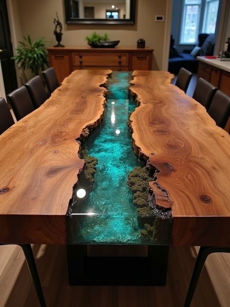 Live edge, epoxy river dining table. It's crazy how the epoxy is done in such a way that it looks like there's a bit if a drop in the middle, but there's not... smooth sailing. This is a true artist my friends. #woodslab #woodcarving Resin River Table Diy, Live Edge Table With Epoxy, Epoxy River Table Diy, Live Edge Epoxy Dining Table, How To Epoxy A Table Top, Epoxy Resin Table Ideas, Epoxy Table Top Ideas, River Tables Epoxy, Epoxy Decor