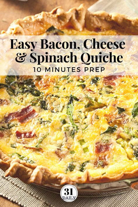 This easy quiche recipe is made with bacon, cheese, and spinach. It's a favorite Quiche Lorraine recipe perfect for brunch, afternoon tea or a light dinner, This Bacon, Cheese, and Spinach Quiche recipe is quick and easy with 10 minutes or less of prep. #quicherecipe #easyquiche #afternoontea #brunch #eggs #31Daily #quiche #lorraine Quiche Recipes Spinach Bacon, Spinach And Bacon Quiche Recipes, Ham Spinach Quiche, Bacon And Spinach Quiche, Spinach Bacon Quiche, Breakfast Quiche Recipes Easy, Easy Quiche Recipe, Bacon Spinach Quiche, Bacon And Cheese Quiche