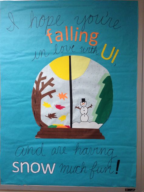 My fall/winter transition bulletin board Fall Is In The Air Bulletin Board, Fall And Winter Bulletin Board Ideas, Fall/winter Bulletin Boards, Fall Into Reading Bulletin Board, Fall Into A Good Book Bulletin Board, Interactive Board, Winter Bulletin Boards, Ra Ideas, Library Displays