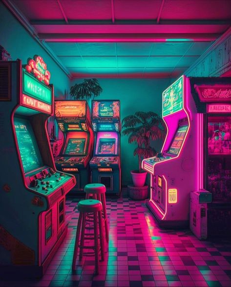 80s Game Room, Vintage Arcade Aesthetic, Retro Arcade Aesthetic, 80s Arcade Aesthetic, Arcade Background, Aesthetic Arcade, Neon Arcade, Arcade Aesthetic, 80s Arcade