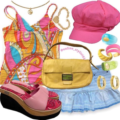 Y2k Summer Accessories, 2000s Beach Aesthetic Outfits, Summer Mcbling Outfits, Mcbling Summer, Pink Y2k Style Beach Top, Y2k Looks, Tropical Core, Y2k Outfits Aesthetic, Early 2000s Fashion