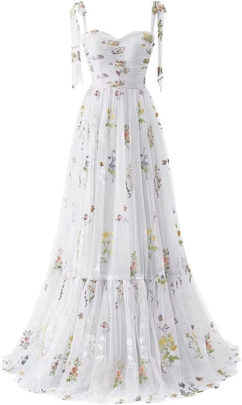 White Dress With Daisies, Simple Formal Dress, Tea Length Prom Dress, Flower Prom Dress, Tulle Prom Dresses, Embroidery Tulle, Floor Length Prom Dresses, Sweetheart Prom Dress, Evening Party Gowns