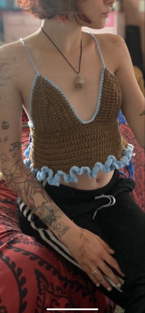 Brown And White Crochet Top, Brown Crochet Top For Beach, Beach Brown Crochet Top, Brown Crochet Sleeveless Top, Blue Crochet Summer Crop Top, Festival Crochet Blue Crop Top, Crochet Halter, Crochet Halter Tops, Yarn Projects