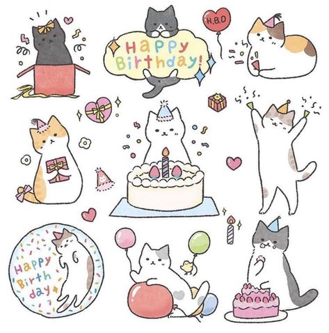 Happy Birthday Drawings, Birthday Doodle, Birthday Card Drawing, Cat Birthday Card, Cat Doodle, 강아지 그림, Stickers Kawaii, Bday Cards, Card Drawing