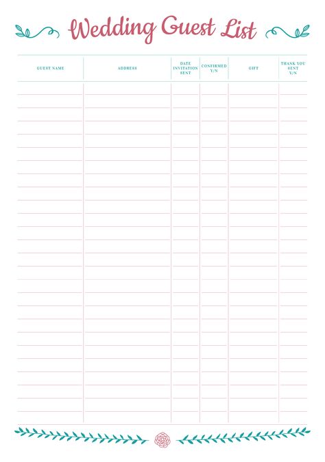 Use this printable wedding guest list template to keep track of all guest names, their address, contacts, gift received, etc. It will help you don't miss somebody special, count number of guests, thank you note sent. Sections available in this template: Guest Name Address Date invitation sent Confirmed yes/no Gift Thank you sent yes/no  #weddingchecklistpdf #weddingbindertemplates #weddingplannerbook #templates #printable Wedding Guest Checklist, Wedding Guest List Printable, Guest List Template, Free Wedding Planner Printables, Wedding Guest List Template, Wedding Planning Printables, Binder Templates, Wedding Budget Planner, Wedding Planning Binder