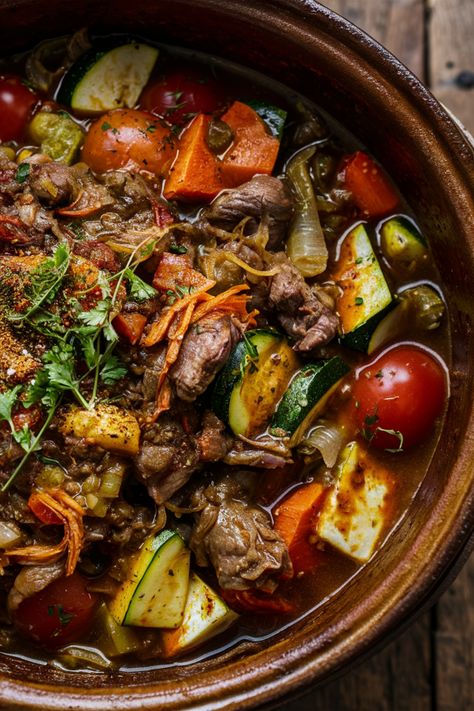 A bowl of hearty beef stew with vegetables like tomatoes, carrots, and zucchini. Chicken Tagine Recipes Morocco, Fish Tagine Recipes, Cultural Food Recipes, Chicken Tagine Recipes, East African Food, Moroccan Food Recipes, Tajine Recipes, Tagine Recipes Chicken, Moroccan Beef Stew