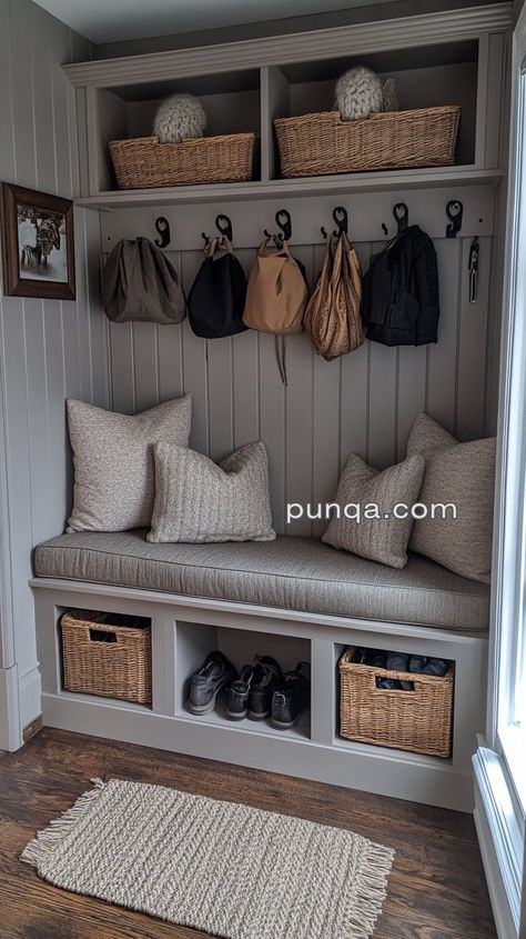 Streamlined Entryways: Crafting an Efficient Small Mudroom - punqa.com Small Built In Coat Rack Entryway, Mudroom Porch, Small Functional Entryway Ideas, Small Entry Drop Zone, Mudroom Farmhouse, Mud Room Shelf Ideas, Tiny Mudroom Ideas, Mud Room Benches, Small Entryway Mudroom Ideas