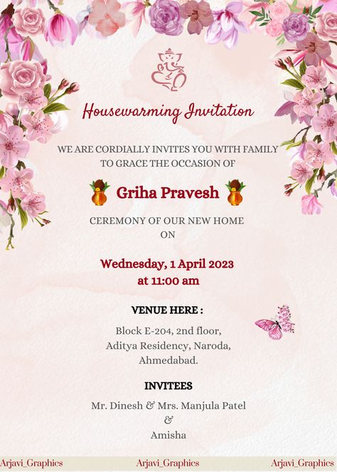 Customize this Indian Griha Pravesh Invitation Card just for Rs. 200 /-  Dm for order and inquires🌸💟 @arjavi.graphics22 or WhatsApp +91 9173020161 This invite can be used for Housewarming Ceremony, inauguration & Store opening Ceremony, Other Indian Ocassions like Vastu Shanti, Shree Satyanarayan pooja & much more.  #Housewarming #GrihaPravesh #invitationcards #Vastupooja #eventplanning #customdesign #specialoccasion #celebration #partyplanning #uniqueinvitations #personalized Invitation For House Warming Ceremony, House Inauguration Invitation Card, Home Inauguration Invitation Card, Indian Housewarming Invitation Templates, Griha Pravesh Invitation Card Template, House Warming Invitations Template, Griha Pravesh Invitation Card, Satyanarayan Pooja, Housewarming Invitation Cards