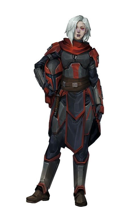 Star Wars Rpg Character Art, Mandalorian Old Republic, Starwars Bounty Hunters, Mandalorian Woman Art, Red Mandalorian, Mandalorian Character Art, Mandalorian Ocs, Star Wars Oc Mandalorian, Armored Jedi