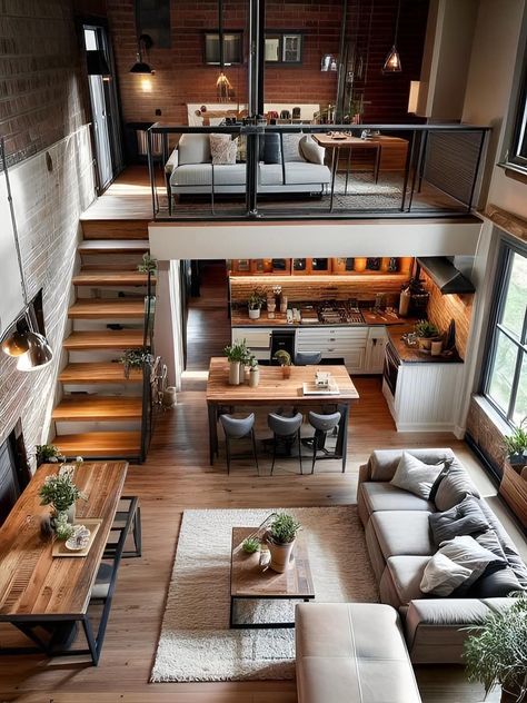 Best Studio Apartment Layout, Large Loft Ideas Upstairs, Loft Adu, Small Loft House Design, Mini Loft Apartment, Loft Townhouse, Apartment With Loft, Artist Loft Apartment, Loft Ideas Upstairs