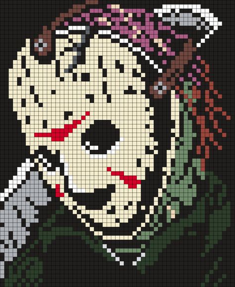 Jason Voorhees / Friday The 13th Poster (Square) Perler Bead Pattern / Bead Sprite Gizmo Perler Bead Pattern, Halloween Grid Pattern, Horror Pixel Art Grid, Halloween Pixel Art Grid, Grille Pixel Art, Friday The 13th Poster, Jason Voorhees Friday The 13th, Pixel Art Minecraft, Poster Square