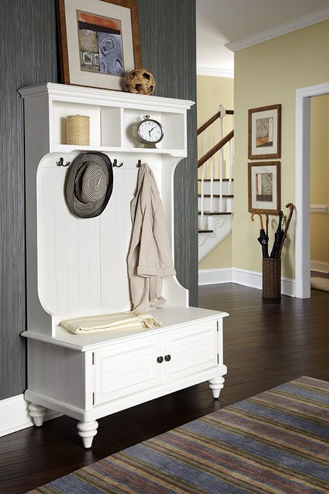 Amazon.com: Bermuda White Hall Tree by Home Styles: Home & Kitchen White Hall Tree, Hall Tree With Storage, Shoe Rack Bench, Shoe Rack Entryway, Entryway Shoe, Hall Tree, Entryway Furniture, Rustic White, Hinged Lid