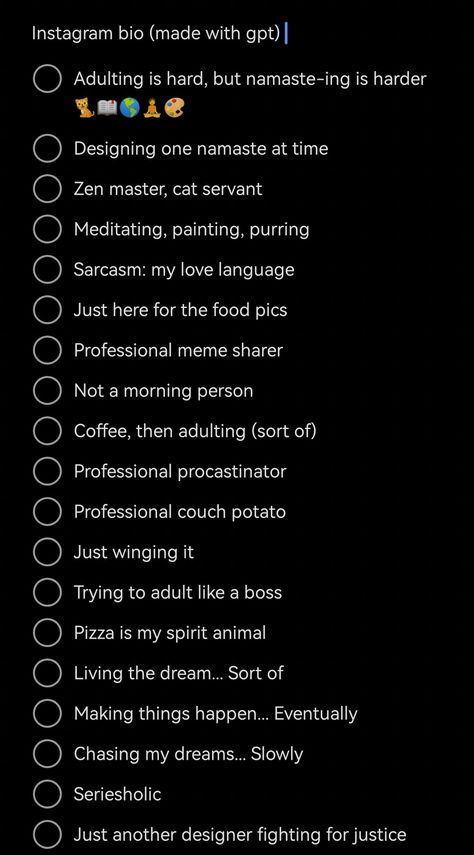 Screenshot of instagram bios ideas made with gpt chat Instagram Bio For Designer, Spiritual Bio Quotes, Instagram Bio Ideas For Writer, Personal Ig Bio Ideas, Snapchat Profile Bio Ideas, Wp Bio English, Dump Acc Bio Instagram, Bios For Instagram Private Account, Instagram Bio Ideas Age