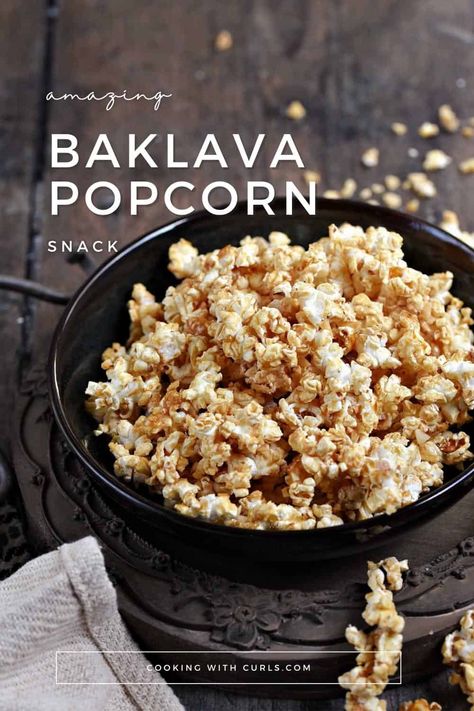 Baklava popcorn is a sweet, crunchy snack inspired by the flavors of traditional baklava. It combines freshly popped popcorn with ingredients typically found in baklava, like honey, butter, cinnamon, vanilla, lemon, and walnuts. Honey Butter Popcorn, Honey Glazed Walnuts, Flavored Popcorn Recipes, Bacon Popcorn, Glazed Walnuts, Butter Cinnamon, Popcorn Snacks, Mac Cheese Recipes, Popcorn Kernels