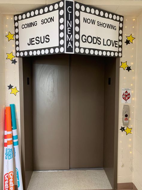 Movie Theater Vbs Theme, Vbs Movie Theme Crafts, Movie Theme Vbs Decorations, At The Movies Church Decor, Movie Themed Vbs, Vbs Movie Theme, Shine Vbs 2024 Crafts, Shine Vbs 2024 Decorations, Shine Vbs 2024