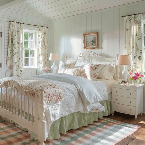 A modern cottage bedroom featuring a soothing color palette of whites, creams, and pastels, with floral and gingham patterns on the bedding and curtains3 Laura Ashley Bedroom Ideas, Pastel Cottagecore Bedroom, Bedroom Decor Bloxburg, Grandma Style Bedroom, Cottage Themed Bedroom, Whimsical Bedroom Aesthetic, Cottage Girls Bedroom, English Cottage Bedroom Ideas, Cottage Core Bedrooms