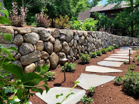 Fieldstone Retaining Wall Ideas, Fieldstone Retaining Wall, Lake Retaining Wall, Lakefront Landscaping Ideas, Lakefront Landscaping, Retaining Wall Stone, Fieldstone Wall, Retaining Wall Ideas, Rock Retaining Wall