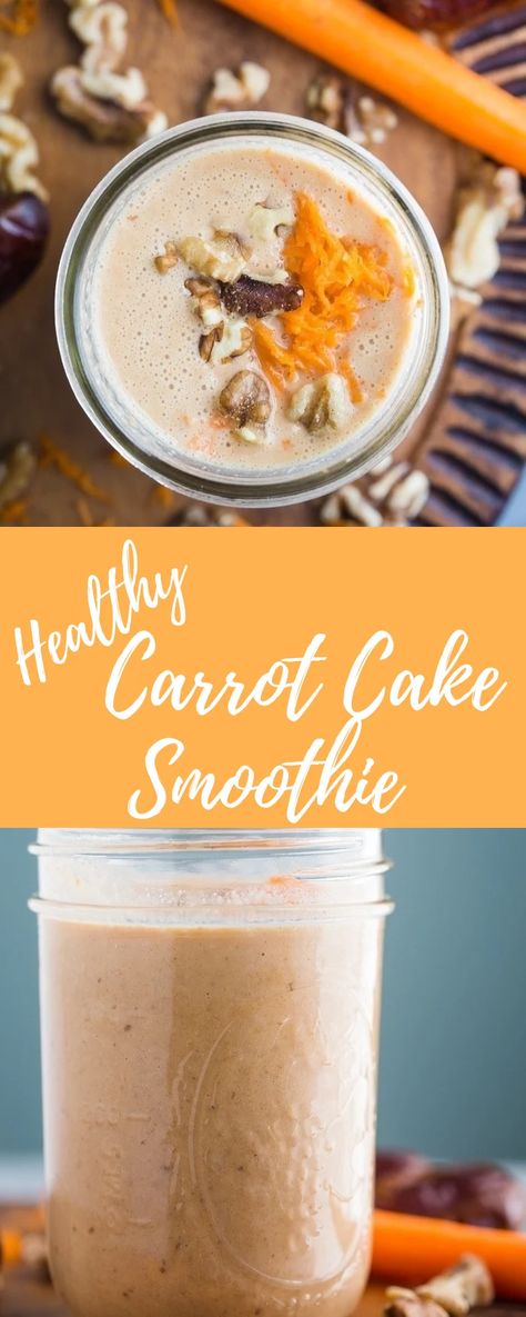 Carrot Cake Smoothie- this healthy vegan smoothie is easy to throw together and perfect to satisfy your sweet tooth! Carrot Cake Smoothie, Carrot Smoothie, Healthy Carrot Cakes, Vegan Carrot Cakes, Smoothie Healthy, Healthy Breakfast Smoothies, Superfood Smoothie, Vegan Smoothies, Breakfast Smoothies