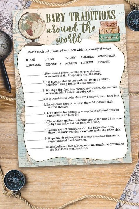 Baby Traditions Baby Shower Games Card / Travel Themed/ Gender Neutral / Vintage Map / Around the World - Etsy Baby Traditions, Adventure Baby Shower Theme, Travel Baby Shower Theme, Travel Baby Showers, Game Card Design, Adventure Baby Shower, Baby Shower Game Cards, Adventure Theme, Travel Theme