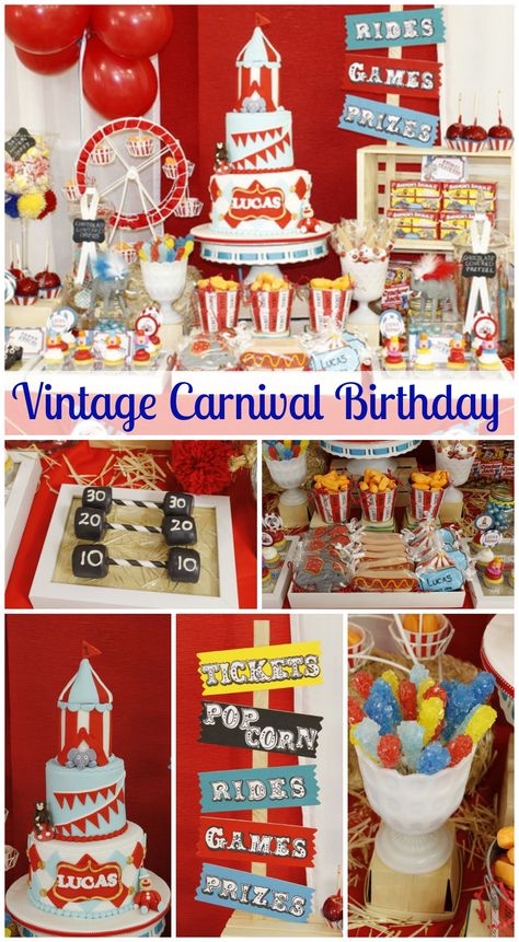 Great vintage carnival 1st birthday party ideas! See more party ideas at CatchMyParty.com. #vintage #boybirthday #carnival Carnival 1st Birthday Party, Carnival 1st Birthday, Carnival Themed Birthday Party, Vintage Carnival Party, Circus First Birthday, Circus Activities, Circus Themed Party, Vintage Circus Party, Carnival Birthday Party Theme