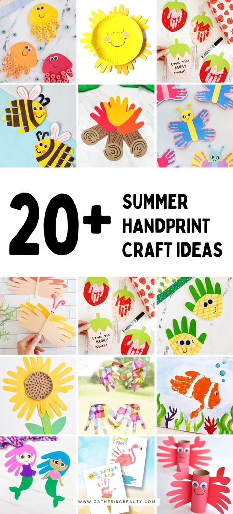 20+ Fun Summer Handprint Crafts Ideas — Gathering Beauty Kids Crafts Summer, June Handprint Art, Summer Handprint Art, Campfire Crafts For Kids, Pineapple Crafts, August Crafts, Crab Crafts, Sun Crafts, Flamingo Craft