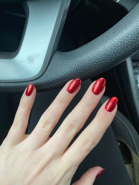 Red Nails Metallic, Metalic Red Nail, Red Nails Crome, Iridescent Red Nails, Red Crome Nails Design, Red Shine Nails, Short Red Chrome Nails, Red Crome Nails Acrylic, Red Holographic Nails