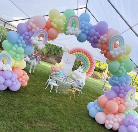 Bluey Decorations Party Birthday Ideas, Adele Birthday, Rainbow Theme Baby Shower, Balloon Birthday Themes, Rainbow Balloon Arch, Rainbow Themed Birthday Party, Pastel Baby Shower, Rainbow Party Decorations, Princess Theme Birthday Party