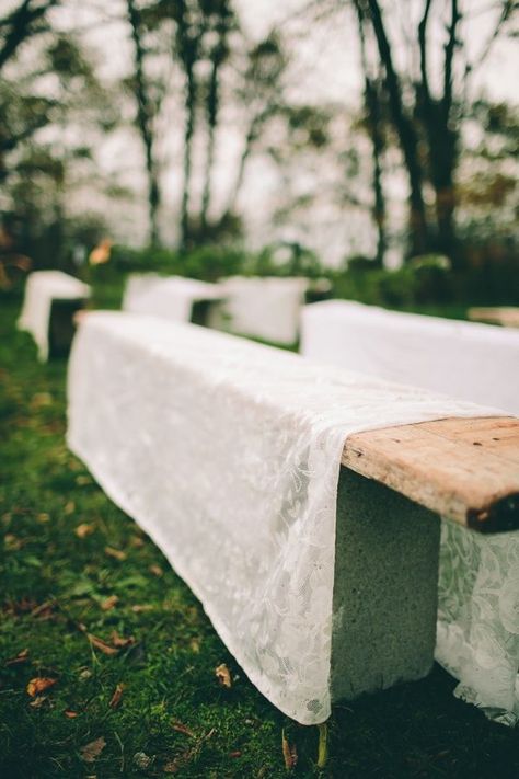 log benches for wedding | Lace covered benches. | Bibliophile Wedding Diy Seats For Wedding, Wedding Aisle Decorations Outdoor Benches, Benches For Wedding, Wedding Bench Decor, Diy Wedding Benches, Wedding Bench Seating, Wedding Benches, Log Benches, Wedding Bench