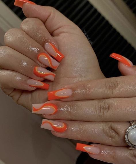 Orange Nail Art, Orange Acrylic Nails, Orange Nail Designs, Orange Nail, Short Square Nails, French Tip Acrylic Nails, Nail Care Tips, Simple Acrylic Nails, French Nail Designs