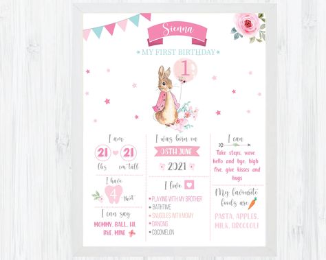 Flopsy Bunny 1st Birthday, Bunny First Birthday, Peter Rabbit Flopsy, Flopsy Bunny, First Birthday Milestone, First Birthday Posters, Milestone Poster, Birthday Milestone, Bunny Birthday