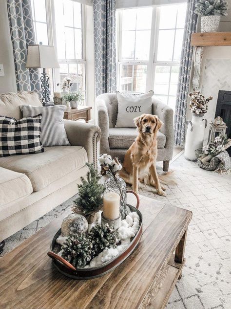 Cozy winter living room vibes with a decorated tray and cozy pillows #livingroomfurniture Cozy Winter Living Room, Living Room Vibes, Winter Living Room Decor, Cozy Pillows, Winter Living Room, Room Vibes, Christmas Living Rooms, Winter Home Decor, Country Style Homes