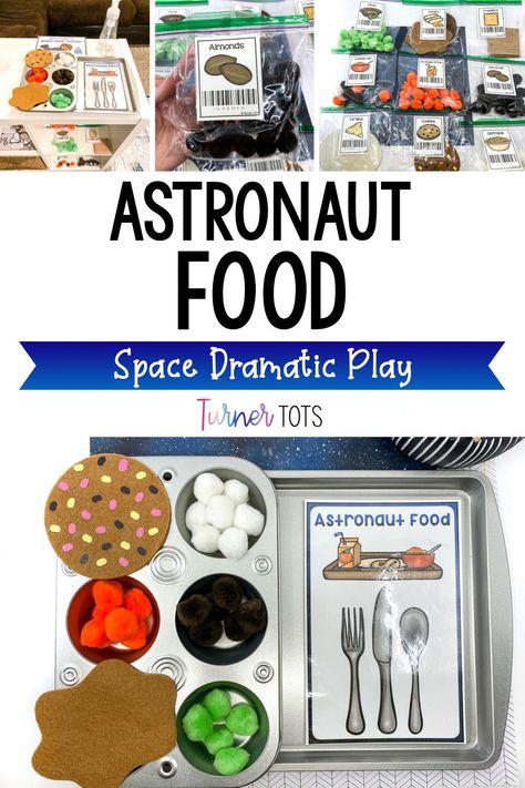 Need ideas for your space dramatic play center? Add astronaut food for preschoolers and toddlers to pretend to eat like astronauts in your space station. Check out more dramatic play ideas here. What Do Astronauts Eat In Space, Living In Spaceship, Space Science Center Preschool, Preschool Space Dramatic Play, Space Station Dramatic Play Printables Free, Space Dramatic Play Kindergarten, Spaceship Dramatic Play, Astronaut Dramatic Play, Space Theme Dramatic Play