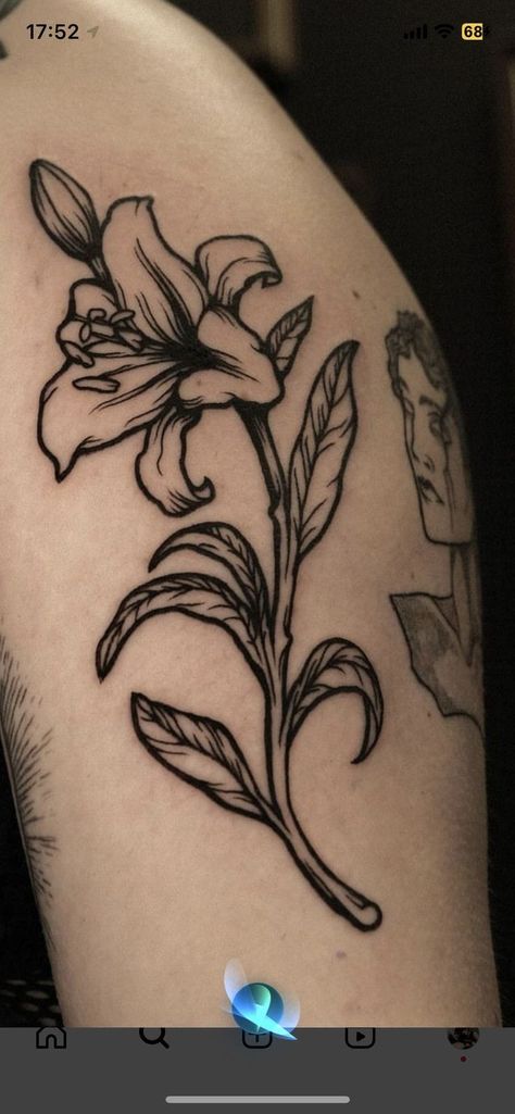 Realistic Traditional Tattoo, Wrist And Hand Tattoos For Women, Traditional Lily Tattoo, Elbow Crease Tattoo, Florist Tattoo, Bold Line Tattoo, Thick Line Tattoos, Floral Sternum Tattoo, Arm Flower Tattoo