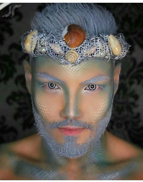 Poseidon Makeup Men, King Triton Makeup, Mermen Costume, Horoscope Costume, Poseidon Makeup, Posiden Costume, Merman Makeup, Mermaid Fantasy Makeup, Poseidon Costume