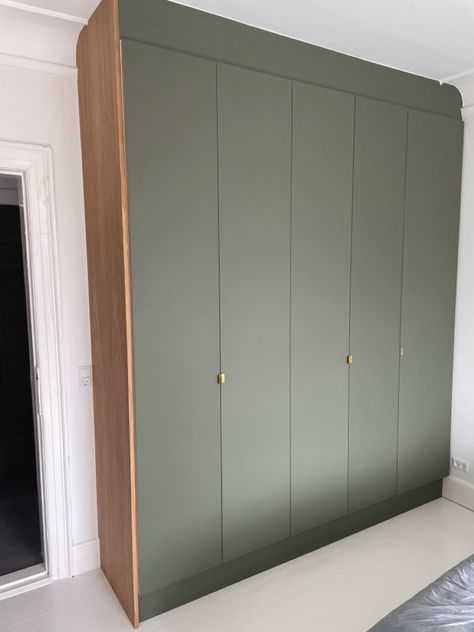 Green Closet Bedroom, Olive Green Wardrobe Furniture, Olive Green Cupboards Bedroom, Olive Green Closet, Ikea Pax Green, Built In Wardrobe Hallway, Olive Green Wardrobe Bedroom, Olive Green Closet Doors, Green Cupboards Bedroom