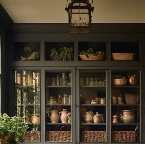 Alexa Mahaffey | home design & renovation on Instagram: "A butlers pantry to store vase-ware and house all the plant babies ? Yes please 🙋🏻‍♀️🌱🪴🖤  AI assisted design by: @alexa.at.home   _  #butlerspantry #moodyandbright #moodydesign #homestyle #shelfiedecor #mycrumbshome #interiorstyling #shareyourhomestyle #instadecor #interiorinspiration #hometakestime #housetohome #interior123  #hunkerhome #instahome #mixerofstyles #greathomestaketime #instadesign" Moody Design, Dnevna Soba, Dining Lounge, Moody Colors, Butlers Pantry, Butler Pantry, Pantry Shelf, Butler's Pantry, Yes Please