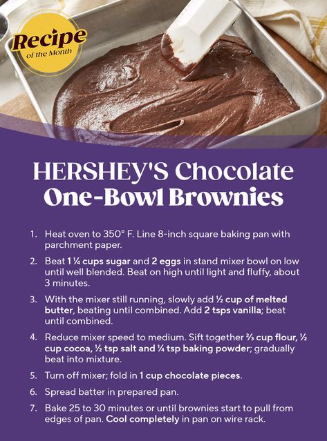 hershey's chocolate one bowl brownies Rich Brownies Recipe, Hershey's Recipes, Hershey Brownies, Hershey Recipes, One Bowl Brownies, Chocolate Chip Bars, Refreshing Snacks, 2024 Recipes, Hershey's Chocolate