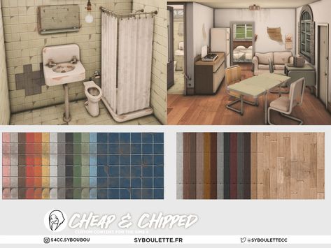 The Sims Resource - Patreon release - Cheap & Chipped - part 5: walls & floors Sims 4 Floor And Wall Cc, Sims 4 Cc Messy Furniture, Messy Sims 4 Cc, Rags To Riches Sims 4 Cc, Sims 4 Rundown Cc, Sims 4 Dirty Cc, Sims 4 Flooring Cc, Sims 4 No Mods, Sims Lips